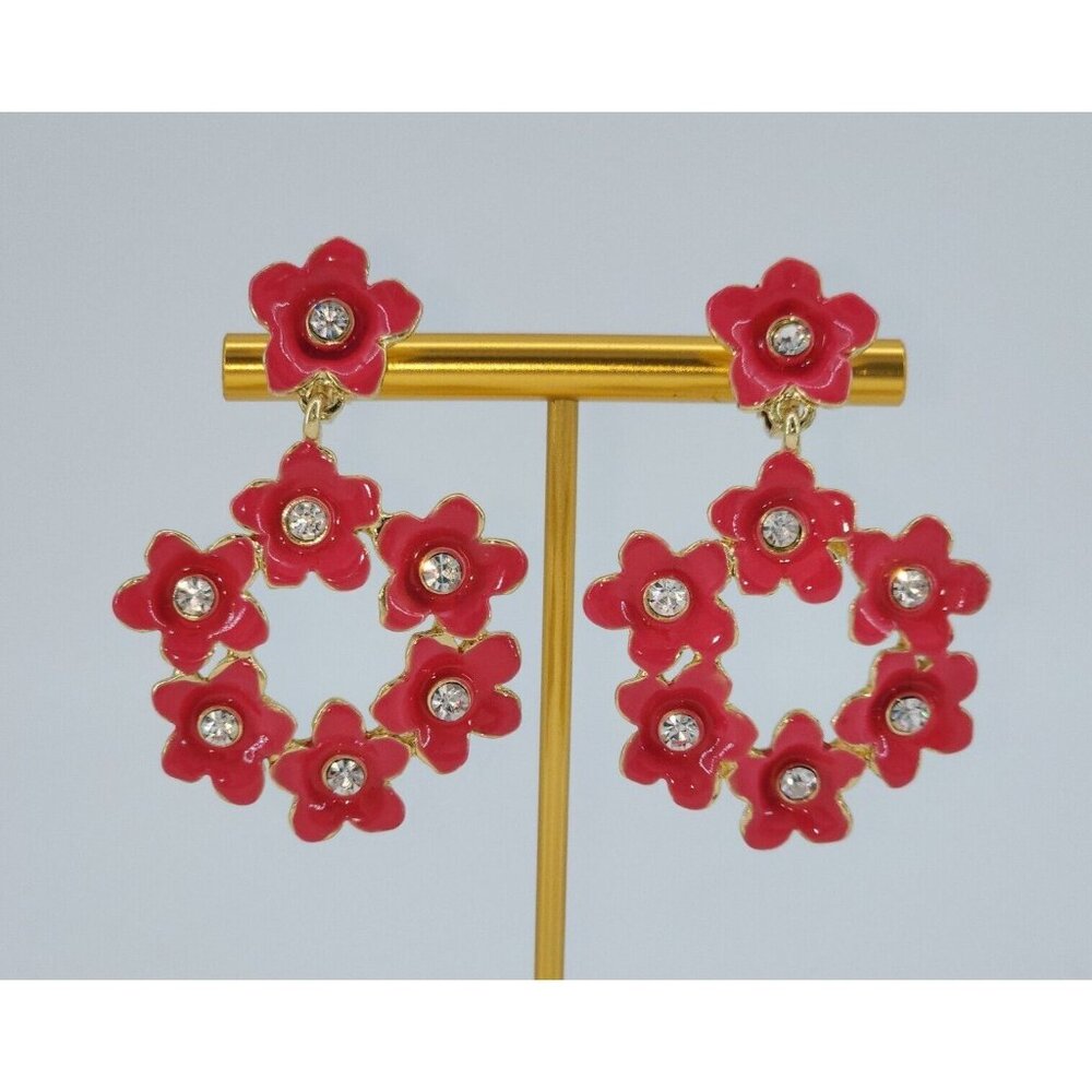 Liz Claiborne Gold Tone Pink Enamel‎ Rhinestone Flower Halo Clip on Earrings